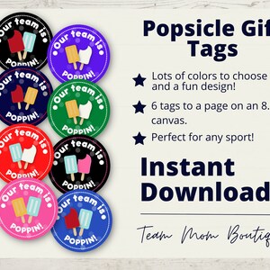 Etiquetas de regalo del equipo Popsicle: Imprimibles coloridos de porristas (Descarga digital)