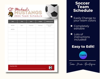Editable Soccer Schedule Template | Custom Team Schedule | Sports Planner for Coaches & Team Moms