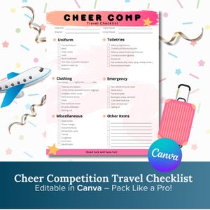Puede incluir: Una lista de verificación rosa y blanca para competiciones de porristas con una maleta rosa y una ilustración de avión. La lista de verificación incluye secciones para el uniforme, artículos de tocador, ropa, emergencias, artículos diversos y otros artículos. El texto "Cheer Competition Travel Checklist" y "Editable in Canva - Pack Like a Pro!" está en la parte inferior de la lista de verificación.