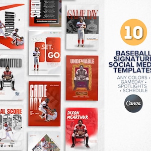 Può includere: Una collezione di dieci modelli di social media a tema baseball. Ogni modello presenta un giocatore di baseball o un'azione, con sovrapposizioni di testo come "Game Day" e "Final Score". I modelli sono in vari colori e stili, con il logo Canva.