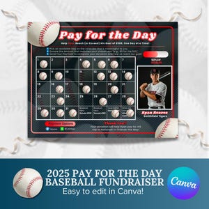 Modello di raccolta fondi per il baseball a pagamento giornaliero / Tracker delle donazioni modificabile / Calendario di raccolta fondi della squadra