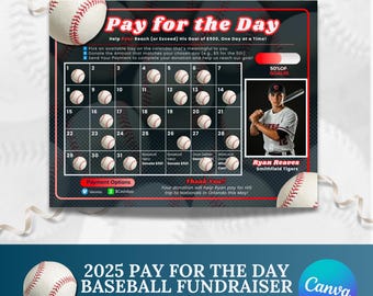 May include: A baseball-themed fundraiser flyer titled Pay for the Day featuring a 31-day calendar grid, a photo of a baseball player in a Smithfield Tigers uniform, payment options for Venmo and CashApp, and text detailing a $500 goal.