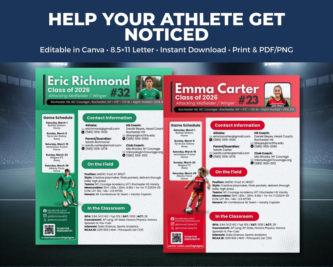 Athlete Profile Template for Soccer (8.5x11) – Editable Canva ...