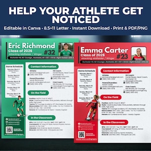 Op de afbeelding: Twee digitale sportwervingsflyers, één groen en één rood, met foto's van atleten, contactgegevens, wedstrijdschema's en academische statistieken. De tekst bevat namen zoals Eric Richmond en Emma Carter, met afmetingen van 21,6x27,9 cm.