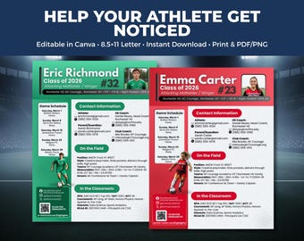 May include: Two 8.5x11 inch digital athletic recruiting flyers featuring athlete photos, game schedules, contact information, and academic stats. The green flyer displays Eric Richmond, and the red flyer displays Emma Carter, both with text headers reading HELP YOUR ATHLETE GET NOTICED.