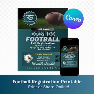 Editable Football Registration Flyer Template Canva | Youth Sports Signup Form | Tackle Football Fall Flyer | Social Media Post