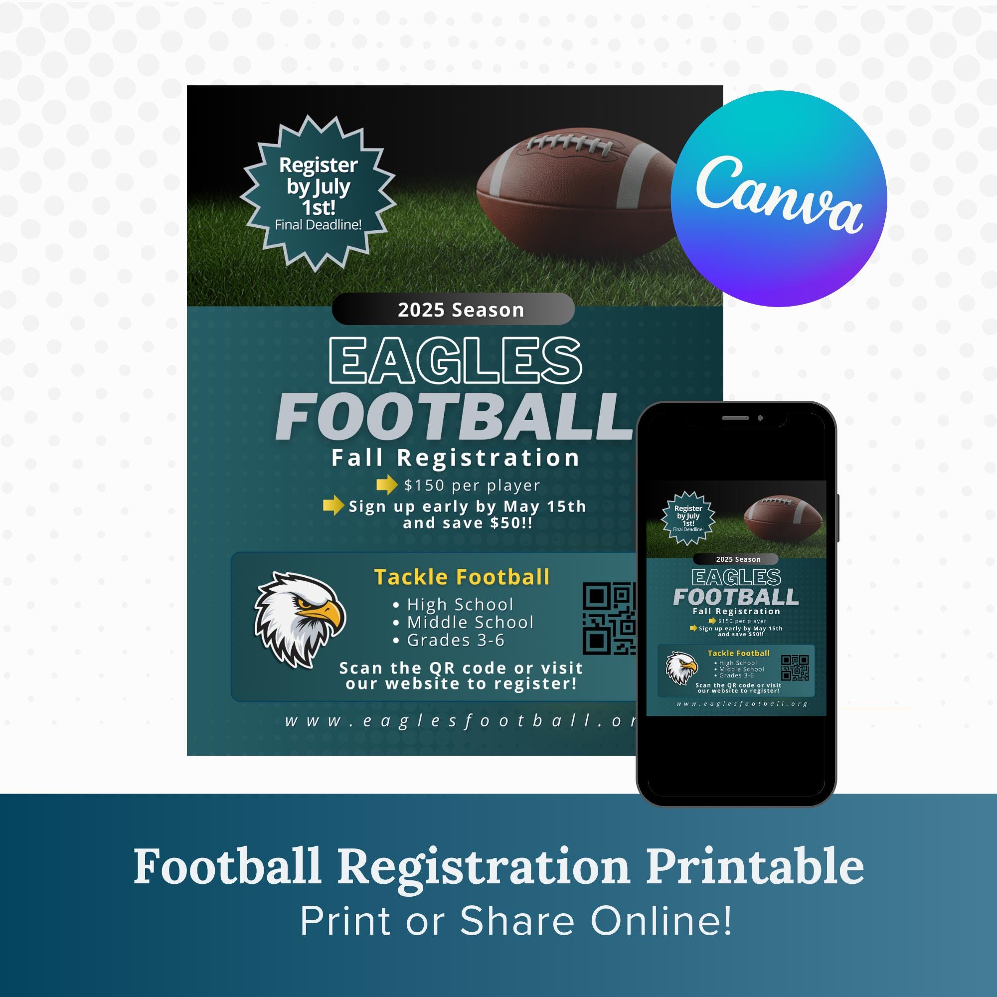 Bearbeitbare Fußball-Registrierung-Flyer-Vorlage Canva | Jugendsport-Anmeldeformular | Tackle Football Herbst Flyer | Social Media Post