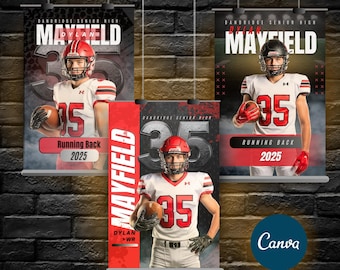 May include: Three vertical banners featuring a football player in a red and white uniform. The banners display the name "MAYFIELD" and the number "35". Text includes "Running Back 2025" and "DYLAN WR". The Canva logo is in the bottom right.