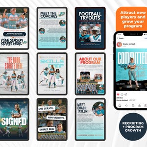 May include: A collection of digital marketing materials for a softball program, including flyers and a phone screen. The flyers feature team photos, event details, and the text "Your Season Starts Here." The phone screen displays a player and the word "Committed."