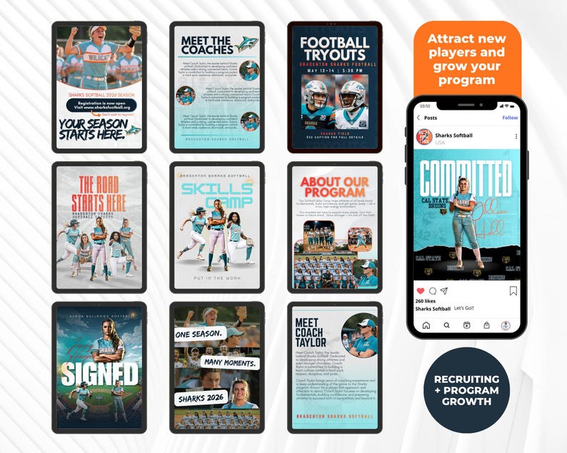 May include: A collection of digital marketing materials for a softball program, including flyers and a phone screen. The flyers feature team photos, event details, and the text "Your Season Starts Here." The phone screen displays a player and the word "Committed."