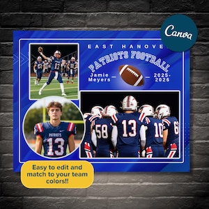 Puede incluir: Una plantilla de póster deportivo digital azul con el texto East Hanover Patriots Football, un gráfico de balón de fútbol americano y tres marcos de fotos. El diseño incluye el nombre Jamie Meyers y los años 2025-2026, con espacio para fotos.