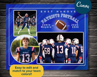 Op de afbeelding: Een blauwe sportposter-sjabloon met de tekst East Hanover Patriots Football, een football-afbeelding en drie fotokaders. Het ontwerp bevat de naam Jamie Meyers en de jaren 2025-2026, met spelers in blauw-witte uniformen.
