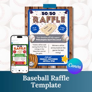 Baseball 50/50 Raffle Flyer Template | Game Day Fundraiser Editable Canva Ticket | Baseball Team Booster Club Printable