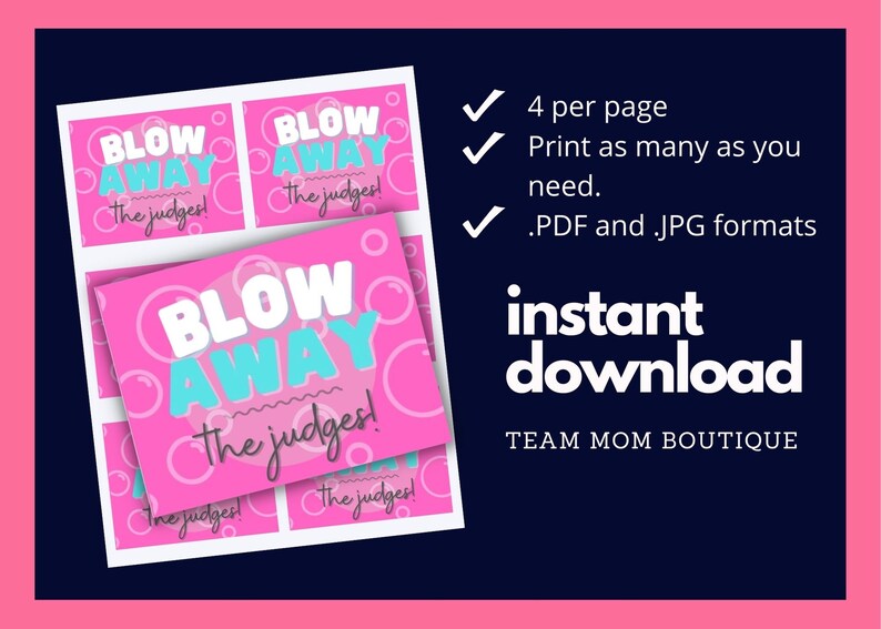 Puede incluir: Etiquetas de regalo de fiesta imprimibles de tem&aacute;tica de burbujas rosa y azul con el texto "Blow Away the Judges!"  4 por p&aacute;gina, formatos PDF y JPG, descarga instant&aacute;nea. Team Mom Boutique.