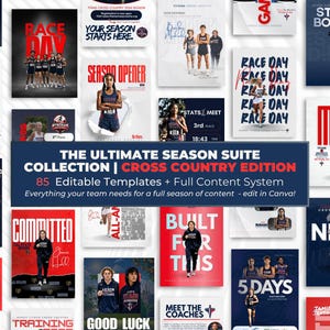 May include: A collection of 85 editable cross country sports social media templates featuring athletes in motion, race day graphics, and team announcements with bold red, white, and blue text, designed for customization in Canva for team content.