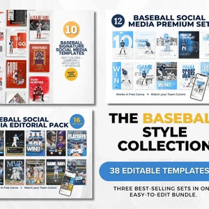 May include: A set of baseball-themed social media templates. The image displays various designs for posts, including game day announcements and player spotlights. The templates are editable and come in a variety of colours.