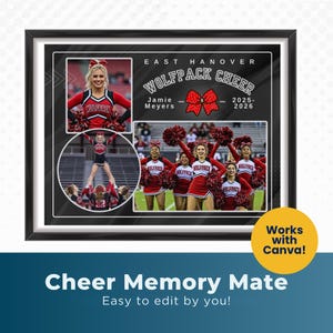 May include: A black framed digital collage template titled East Hanover Wolfpack Cheer featuring a red bow graphic, the name Jamie Meyers, and the years 2025-2026. The layout includes three photo placeholders showing cheerleaders in red and black uniforms.