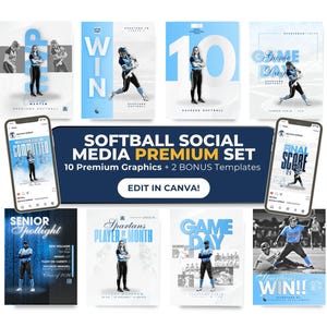 Puede incluir: Una colección digital de plantillas para redes sociales de sóftbol con gráficos en azul y blanco, fotos de jugadoras y textos como Game Day, Senior Spotlight y Final Score, diseñadas para editar en Canva con diez gráficos y dos plantillas extra.
