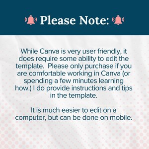 Puede incluir: Un gr&aacute;fico digital con un encabezado azul oscuro que presenta dos iconos de campana rosas y el texto Please Note. El texto blanco explica que la plantilla de Canva requiere habilidades de edici&oacute;n, sugiere usar un ordenador y menciona consejos.