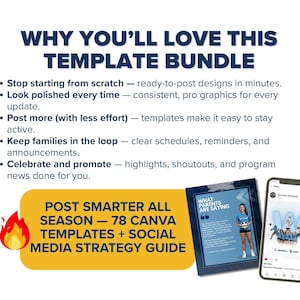 Puede incluir: Un paquete de plantillas de marketing digital con 78 plantillas de Canva y una gu&iacute;a de estrategia para redes sociales. El texto incluye 'WHY YOU'LL LOVE THIS TEMPLATE BUNDLE' y 'POST SMARTER ALL SEASON'. Un smartphone muestra una publicaci&oacute;n.