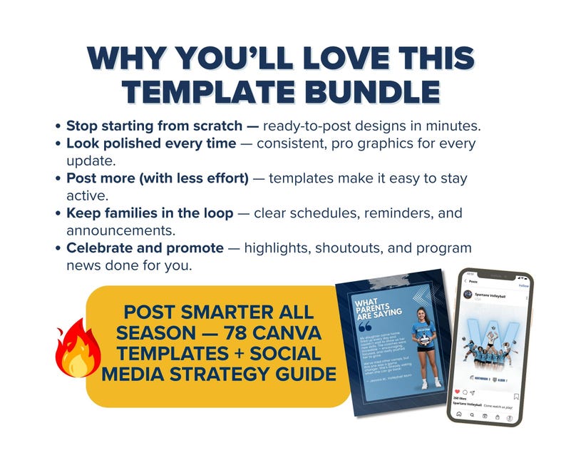 Puede incluir: Un paquete de plantillas de marketing digital con 78 plantillas de Canva y una gu&iacute;a de estrategia para redes sociales. El texto incluye 'WHY YOU'LL LOVE THIS TEMPLATE BUNDLE' y 'POST SMARTER ALL SEASON'. Un smartphone muestra una publicaci&oacute;n.