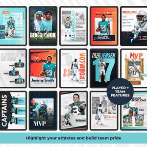 May include: A collection of fifteen digital sports graphic templates featuring football players in various poses, team colors, and action shots. Each design includes customizable text elements like player names, jersey numbers, and stats, organized in a grid layout.