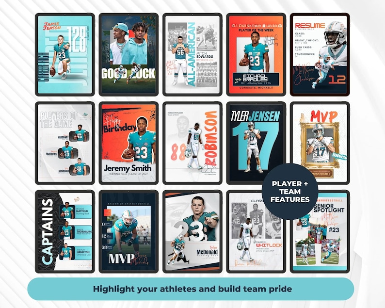 May include: A collection of fifteen digital sports graphic templates featuring football players in various poses, team colors, and action shots. Each design includes customizable text elements like player names, jersey numbers, and stats, organized in a grid layout.