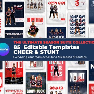 Puede incluir: Una colección de 85 plantillas editables de Canva para equipos de cheerleading y stunt, con varios diseños gráficos con texto como The Ultimate Season Suite Collection, Cheer & Stunt, Team Reveal, The Wait Is Over y Comp Day.
