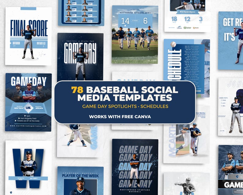Baseball Templates Bundle | 78 Social Media Templates for Teams | Game Day, Player Spotlights, Schedules  – Works with Canva