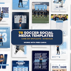 Pacchetto di modelli per il calcio / 78 modelli per i social media delle squadre / Giorno della partita, Presentazione dei giocatori, Calendario – Compatibile con Canva