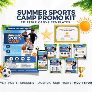 May include: A digital marketing kit for a summer sports camp featuring editable Canva templates. The set includes a flyer, social media posts, a checklist, an agenda, and a certificate, all decorated with sports equipment, a gold star, and a trophy.
