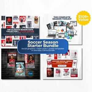 Puede incluir: Un paquete de inicio para la temporada de fútbol con plantillas editables de Canva para gráficos de redes sociales, herramientas de equipo y carteles. La colección incluye varios diseños en rojo, blanco y negro, mostrando textos como The Ultimate Season Suite y Soccer Social Media Premium Set.