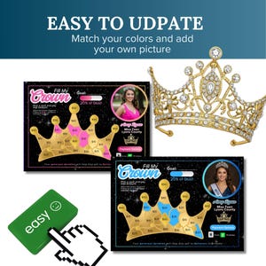 May include: Two black and gold crown-shaped fundraising charts with a picture of a young woman in a pink dress and a young woman in a blue dress. The charts have a goal of 20% and show different amounts of money that have been raised. The text "Fill My Crown" is at the top of each chart. The text "Easy to Update" is at the top of the image. A gold crown with rhinestones is in the upper right corner of the image.
