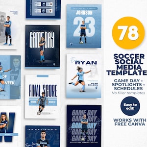 以下が含まれることがあります： 青と白を基調とした78個のサッカーソーシャルメディアテンプレートのコレクション。テンプレートには、試合日の発表、選手のスポットライト、スケジュールデザインが含まれます。「Game Day」、「Final Score」、「Player of the Week」などのテキストが含まれています。