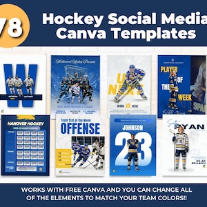 May include: A set of 78 hockey-themed social media Canva templates. The designs showcase hockey players, team rosters, and game statistics. The colour scheme includes blue, white, and yellow. Text includes "Hockey Social Media Canva Templates" and "Works with Free Canva".