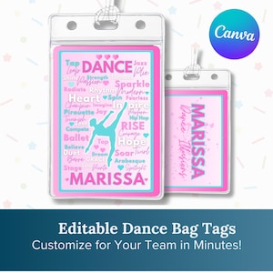 ダンスバッグタグテンプレート - 女の子向け編集可能なダンス用荷物タグ、カスタムワードアート、バレエ・ジャズ・タップ・ヒップホップIDカード - Canvaで印刷可能