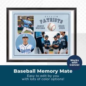 Puede incluir: Una plantilla enmarcada de recuerdo de béisbol con fondo azul claro, un gráfico de pelota de béisbol y el texto Bayview Patriots, Jamie Meyers y 2025-2026. El diseño incluye tres espacios para fotos que muestran jugadores en uniforme.