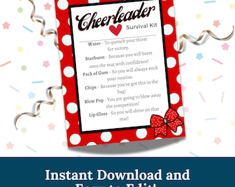 May include: A red and white printable checklist with white polka dots and a red bow. The checklist is titled "Cheerleader Survival Kit" and includes items like water, starburst, gum, chips, blow pop, and lip gloss.