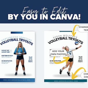 Puede incluir: Dos plantillas de folletos editables para pruebas de voleibol con esquemas de color azul y blanco. Los dise&ntilde;os incluyen marcadores de posici&oacute;n para fotos de atletas, detalles del evento, c&oacute;digos QR de registro y &aacute;reas de texto personalizables.