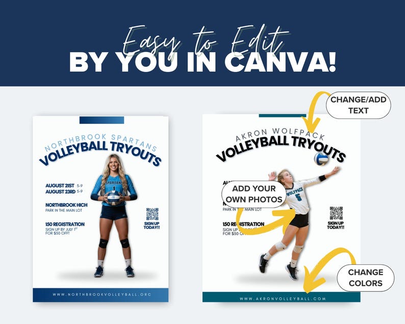 Puede incluir: Dos plantillas de folletos editables para pruebas de voleibol con esquemas de color azul y blanco. Los dise&ntilde;os incluyen marcadores de posici&oacute;n para fotos de atletas, detalles del evento, c&oacute;digos QR de registro y &aacute;reas de texto personalizables.