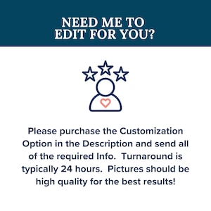 Pu&ograve; includere: Immagine con il testo "NEED ME TO EDIT FOR YOU?" e istruzioni per acquistare un'opzione di personalizzazione. L'immagine include un'icona di persona con stelle e un cuore.