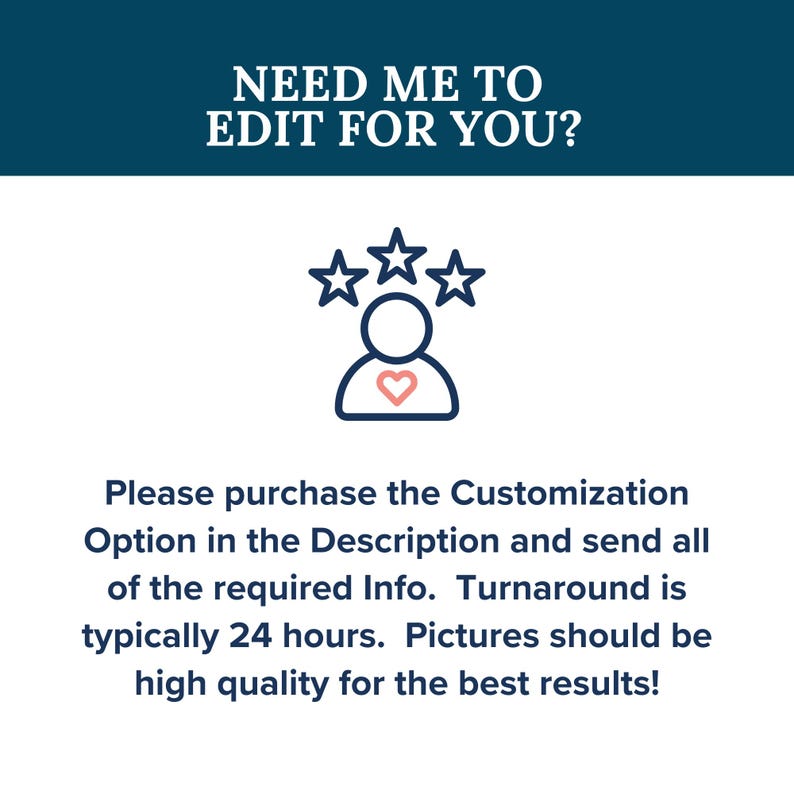 Pu&ograve; includere: Immagine con il testo "NEED ME TO EDIT FOR YOU?" e istruzioni per acquistare un'opzione di personalizzazione. L'immagine include un'icona di persona con stelle e un cuore.