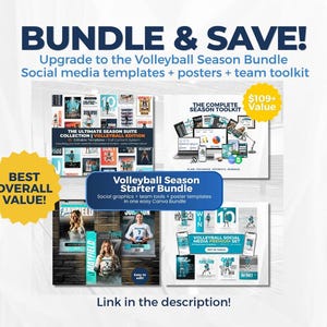 Puede incluir: Un paquete de marketing digital para equipos de voleibol que incluye plantillas para redes sociales, carteles y un kit de herramientas para el equipo. La imagen muestra varios dise&ntilde;os gr&aacute;ficos, perfiles de jugadores y calendarios.