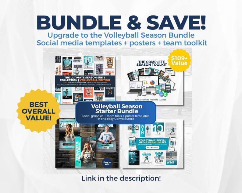 Puede incluir: Un paquete de marketing digital para equipos de voleibol que incluye plantillas para redes sociales, carteles y un kit de herramientas para el equipo. La imagen muestra varios dise&ntilde;os gr&aacute;ficos, perfiles de jugadores y calendarios.