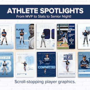 May include: A collection of baseball player graphics in shades of blue and white. Each graphic features a player's image, name, and team details. Text includes "Athlete Spotlights" and "Player of the Week."