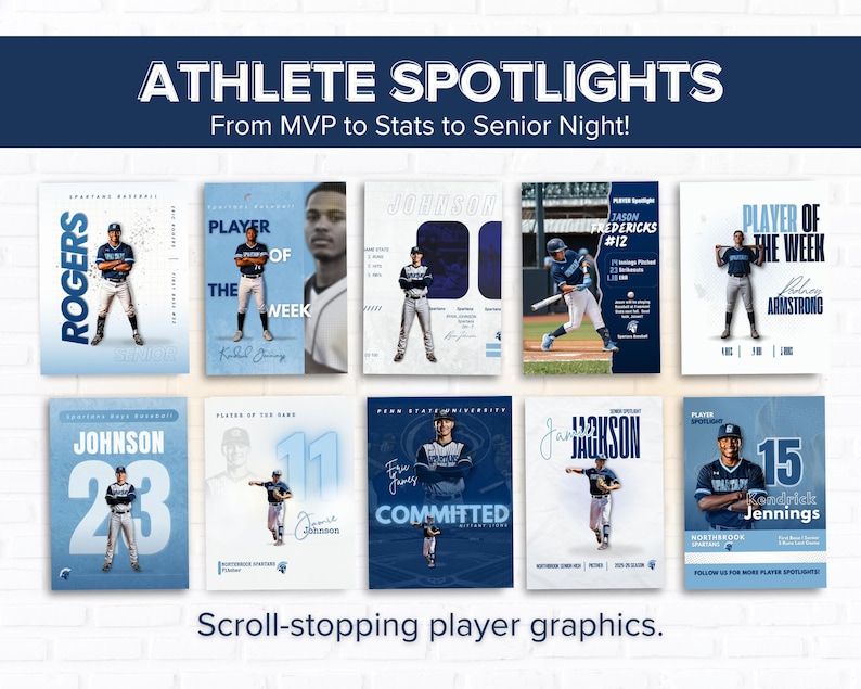 May include: A collection of baseball player graphics in shades of blue and white. Each graphic features a player's image, name, and team details. Text includes "Athlete Spotlights" and "Player of the Week."