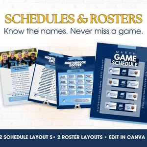 May include: A digital template set for sports organization featuring two schedule layouts and two roster layouts for Northbrook Soccer 2025-26. The designs include team photos, game dates, player names, and team logos in blue and white color schemes.