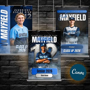 May include: Three vertical banners featuring baseball players from Dandridge Senior High. Each banner displays a player's photo, name, position, and the text "Class of 2026." The banners are blue, white, and black.