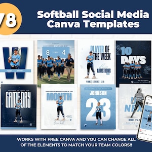 以下が含まれることがあります： ソフトボールをテーマにした8つのソーシャルメディア用Canvaテンプレートのコレクション。テンプレートには、ソフトボール選手の写真、試合日のグラフィック、および週間最優秀選手の発表が含まれています。配色は主に青と白です。