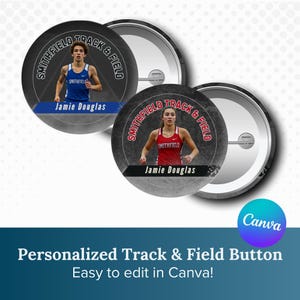 May include: Two circular pin-back buttons featuring Smithfield Track & Field athletes. One button shows a runner in a blue jersey labeled Jamie Douglas, the other a runner in a red jersey labeled Jamie Douglas. Both have metal backs and pin fasteners.
